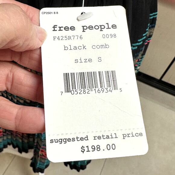 FREE PEOPLE Boho Black Strapless Embroidered Mini Dress Pleated Skirt S,‎ NWT - Picture 10 of 10